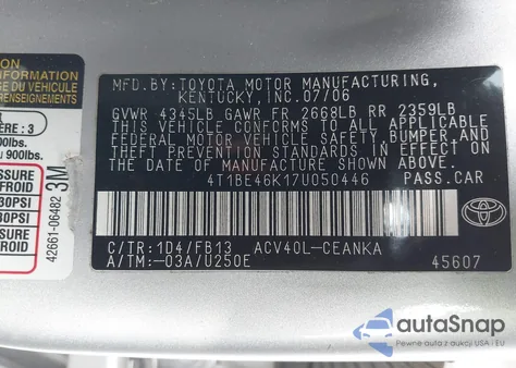 2007 Toyota Camry Le из США, поврежденный, VIN 4T1BE46K17U050446